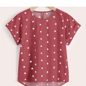 Shein rolled sleeve dip hem polka dot shirt, pink & white, size Large